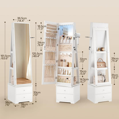 hoobro 360° swivel jewelry cabinet with led lights showing dimensions