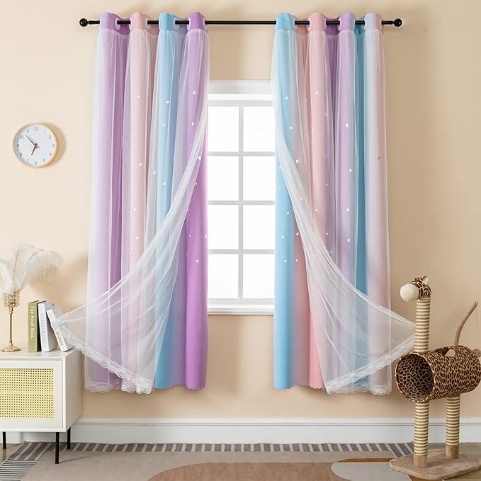 Curtains for Girls Bedroom Purple and Pink Kids Curtain Star Cutout Rainbow by LUGOTAL