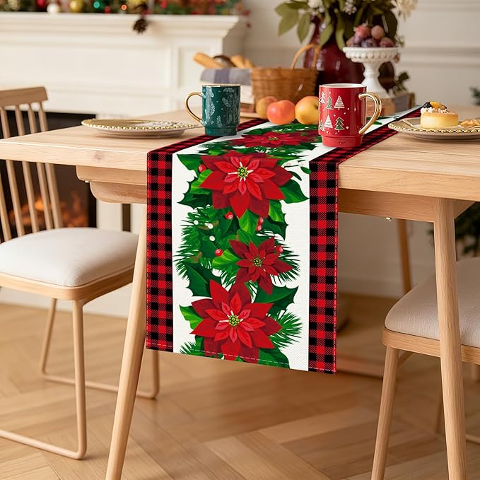 OTOSTAR Black and Red Buffalo Check Plaid Holly Christmas Flowers Table Runner - Image 8