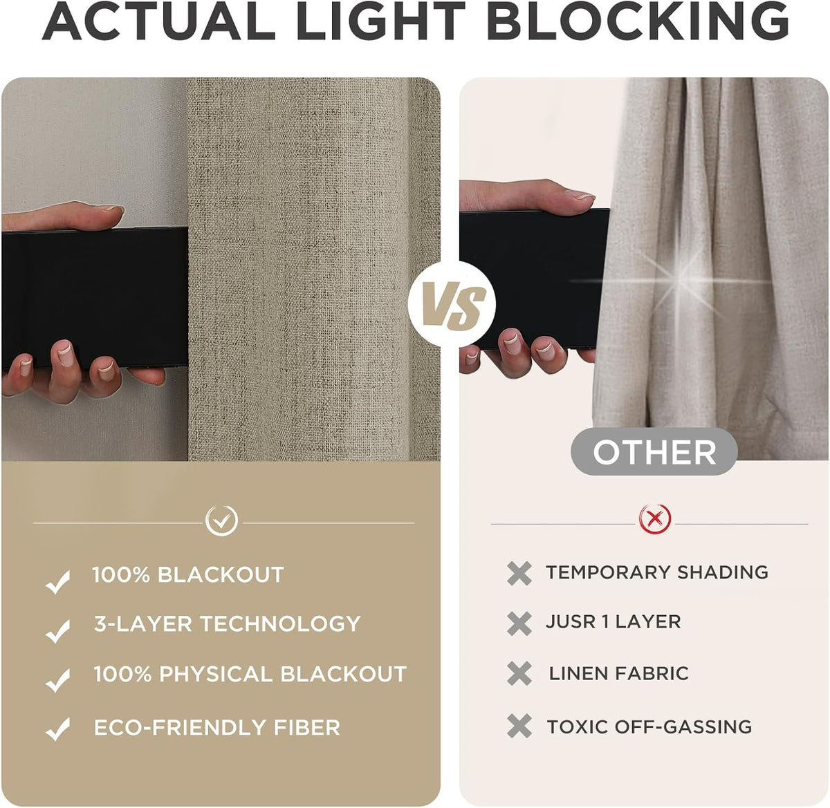 joydeco 100% blackout curtains for bedroom, natural linen showing dimensions