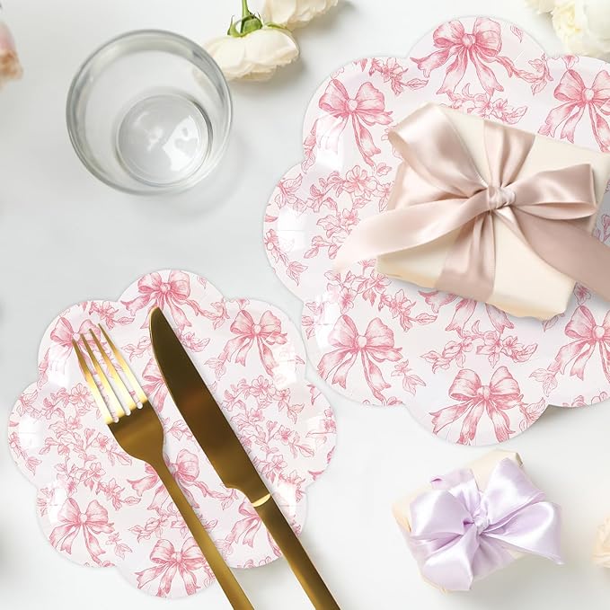 Quera 50 Pcs Pink Bow Paper Plates Coquette Party Supplies Pink Floral - Image 7