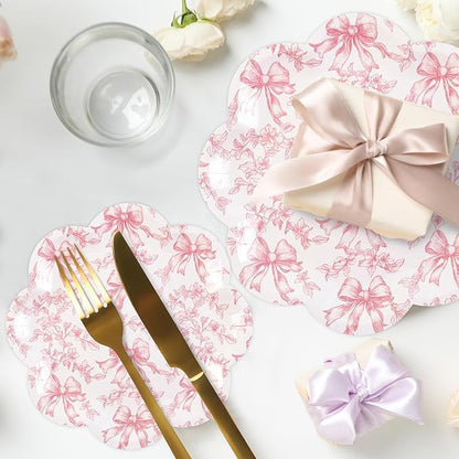 Quera 50 Pcs Pink Bow Paper Plates Coquette Party Supplies Pink Floral - Image 7