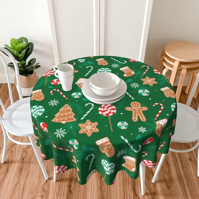 Green Gingerbread Man Round Tablecloth 60 Inch, Christmas Candy Cane - Image 5