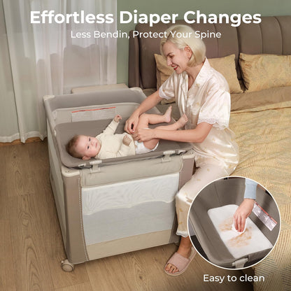pamo babe deluxe pack and play with bassinet showing dimensions