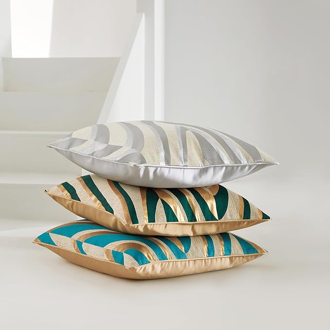 THE-TINOART Turquoise Jacquard V Striped Throw Pillow Cover 18x18 Inch Metallic - Image 3