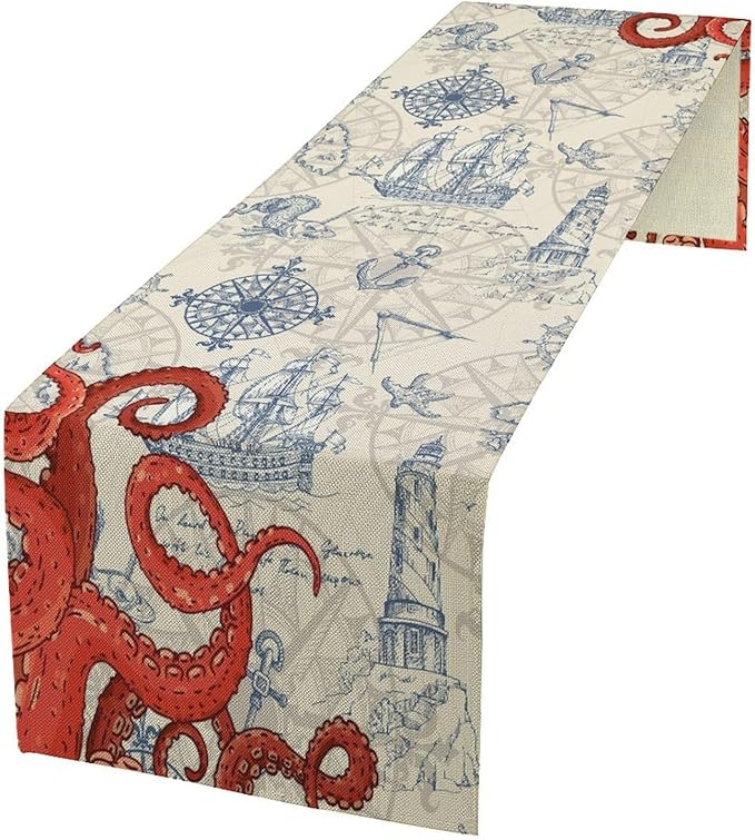 Nautical Red Octopus Table Runner Vintage Coastal Anchor Compass Ligthouse by moderw