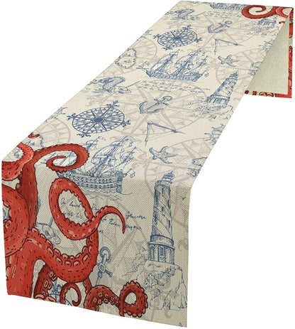 Nautical Red Octopus Table Runner Vintage Coastal Anchor Compass Ligthouse by moderw