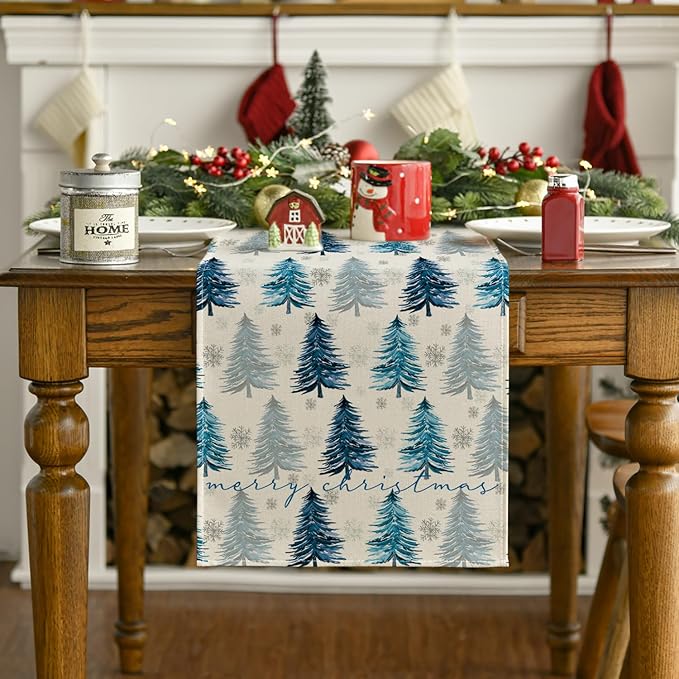 Artoid Mode Xmas Trees Snowflake Christmas Table Runner, Seasonal Winter Blue - Image 7