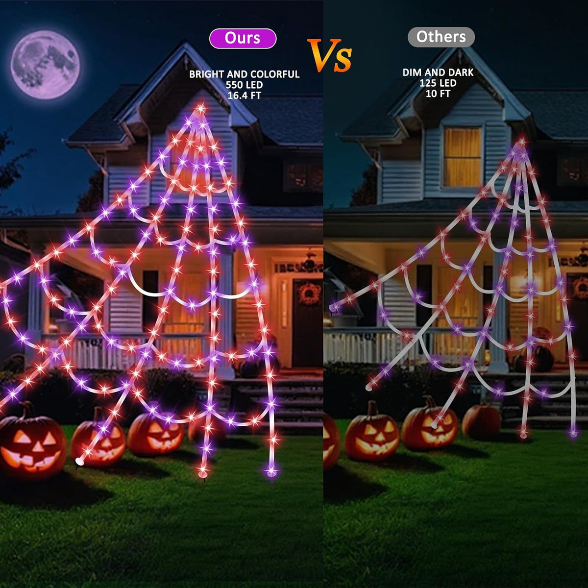 Halloween Spider Web Lights 550 LED Lighted Spider Web 16.4Ft Giant Halloween Decorations Light up with 8 Lighting Modes Waterproof & Timer for Indoor Outdoor House Haunted Yard Decor, Orange & Purple