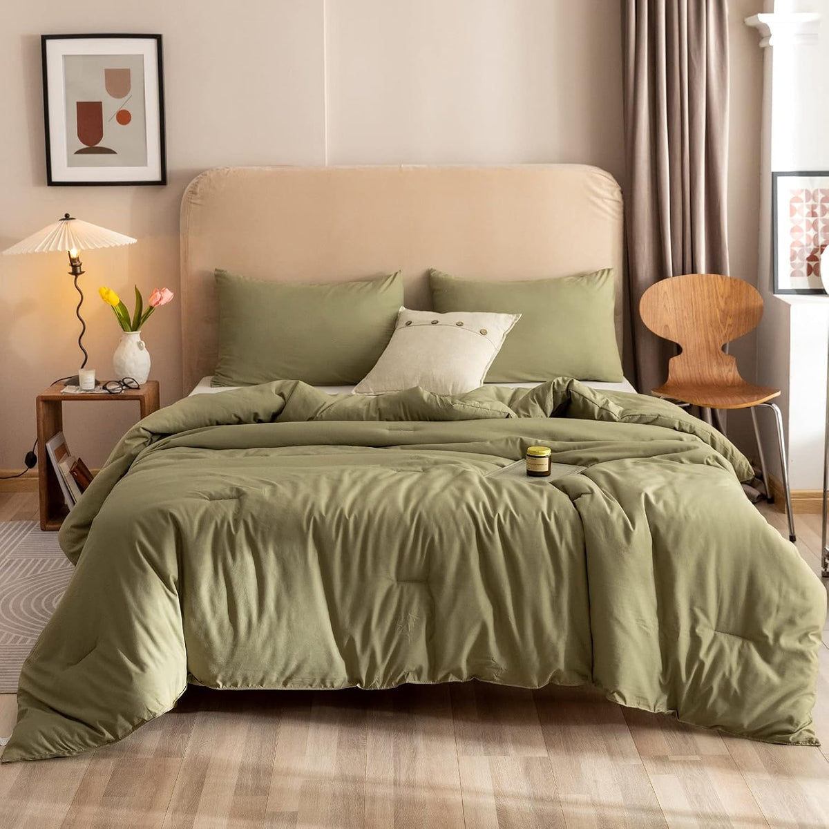 rosgonia queen comforter set olive green, 3pcs bedding shown in use