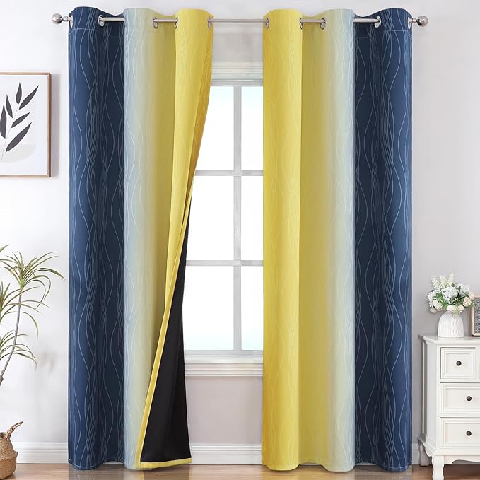 Estelar Textiler Yellow and Navy Blue Ombre Blackout Curtains by ESTELARTEXTILER