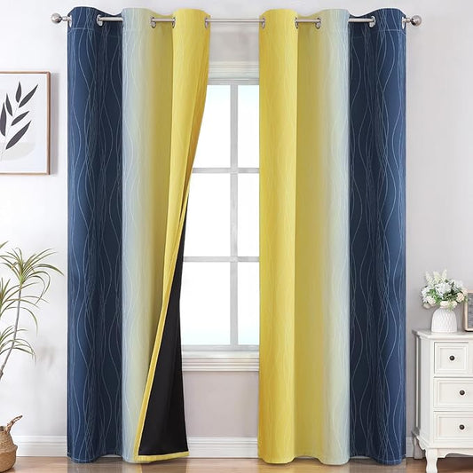 Estelar Textiler Yellow and Navy Blue Ombre Blackout Curtains by ESTELARTEXTILER