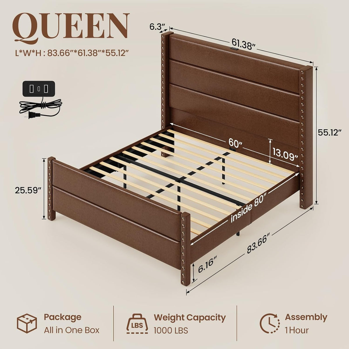 queen size 55" tall faux leather platform bed shown in use