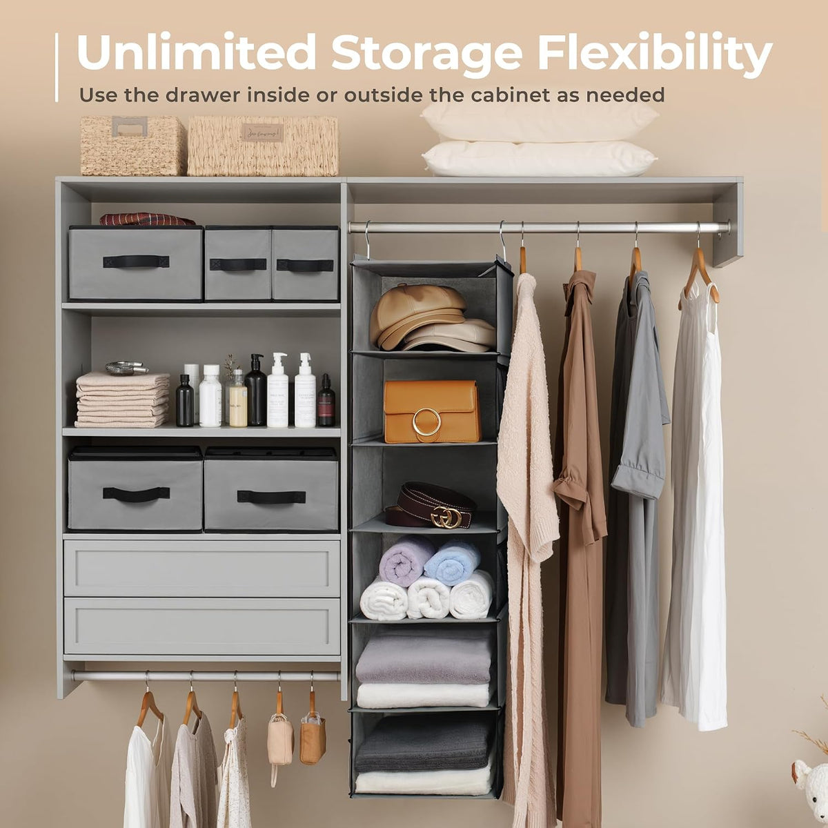 granny says hanging closet organizer, 5 drawers, 6, package contents