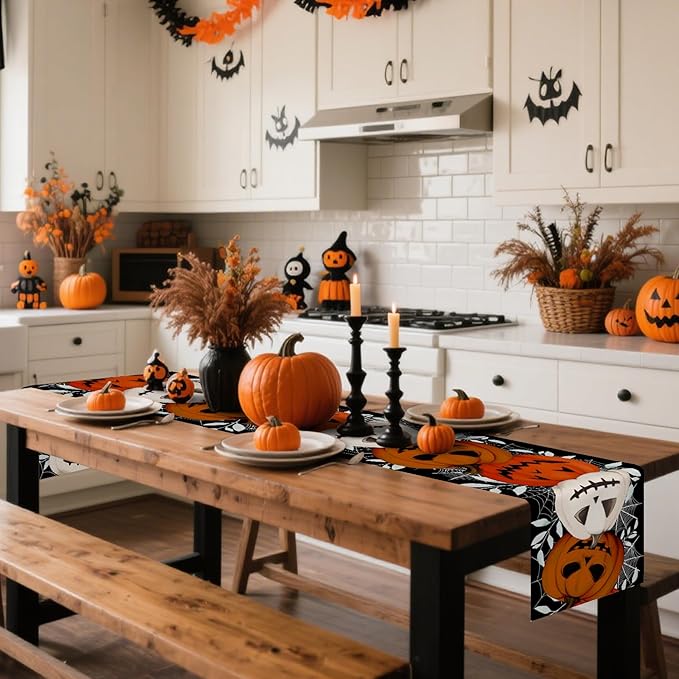 Happy Halloween Table Runner Pumpkin Black Spider Web Fall Kitchen Dining Table - Image 2