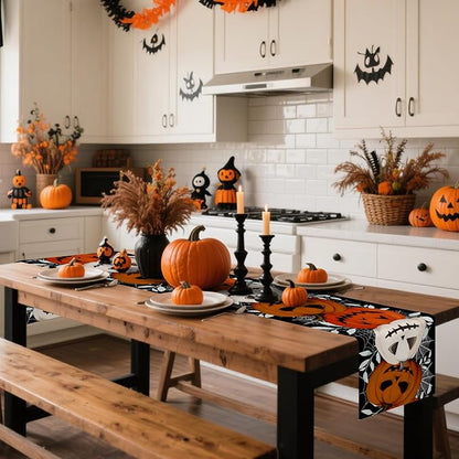 Happy Halloween Table Runner Pumpkin Black Spider Web Fall Kitchen Dining Table - Image 2