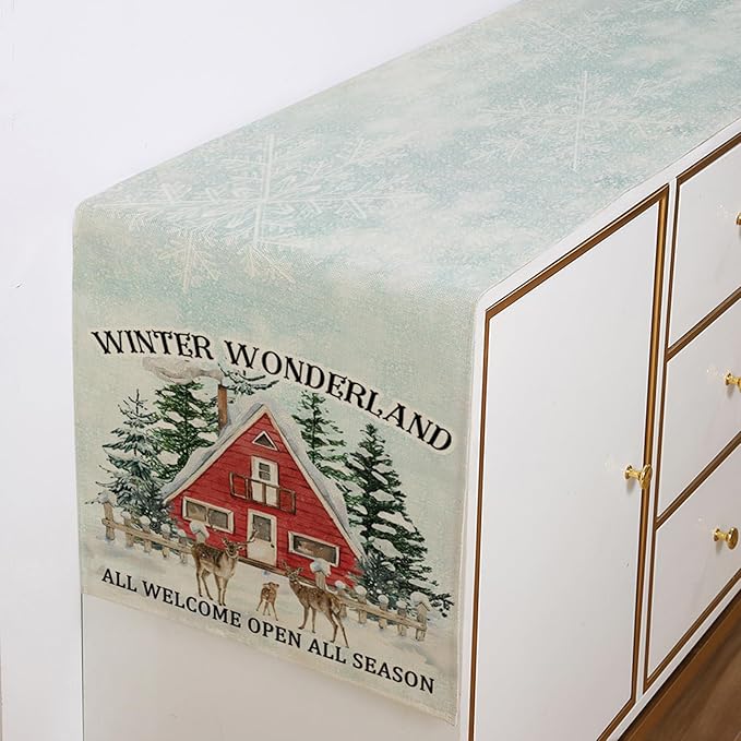 Winter Deer Trees Table Runner 13x72 Inch Snow Treehouse Winter Kitchen Dinning - Image 3