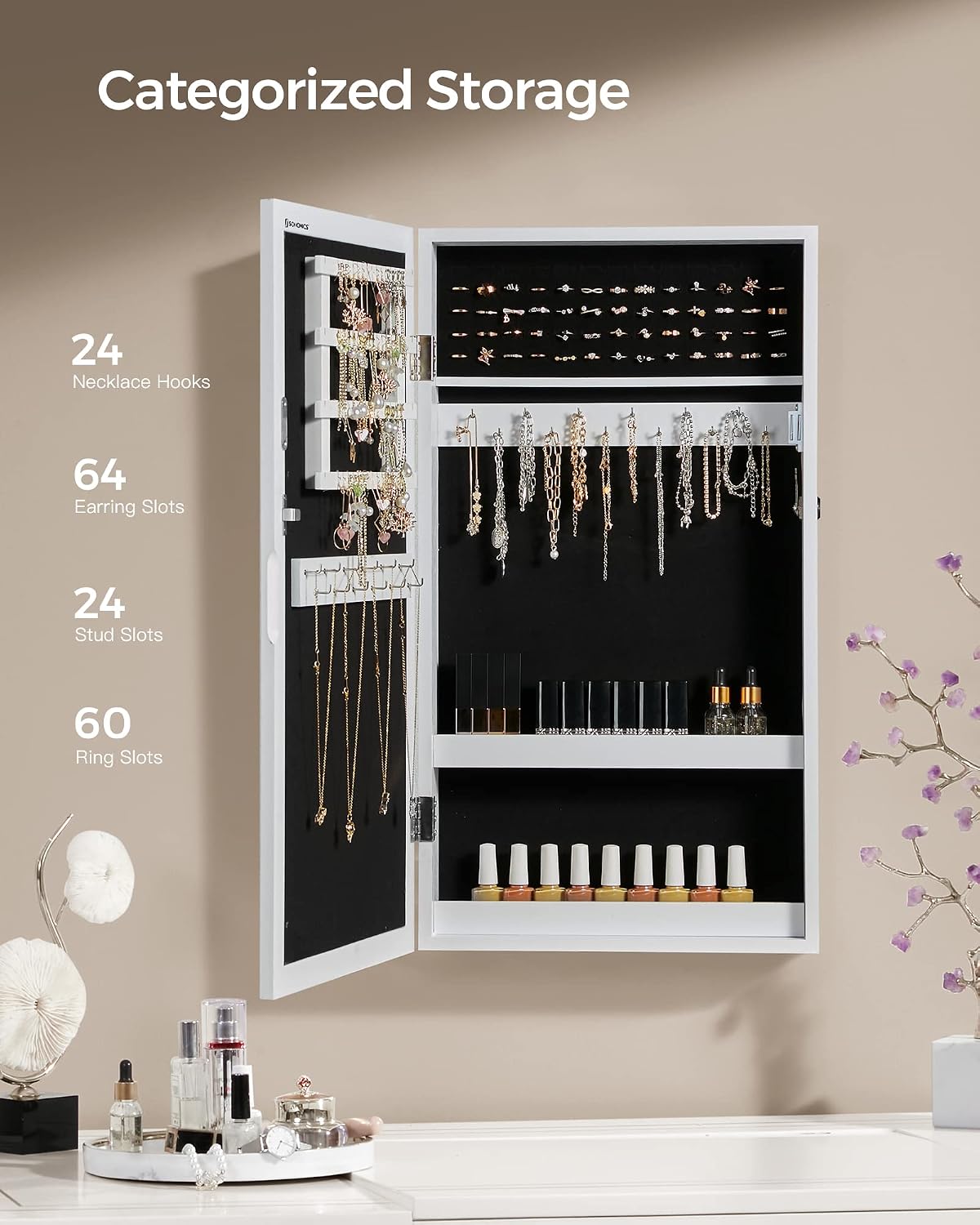 songmics lockable jewelry cabinet armoire with mirror, wall-mounted, close-up detail
