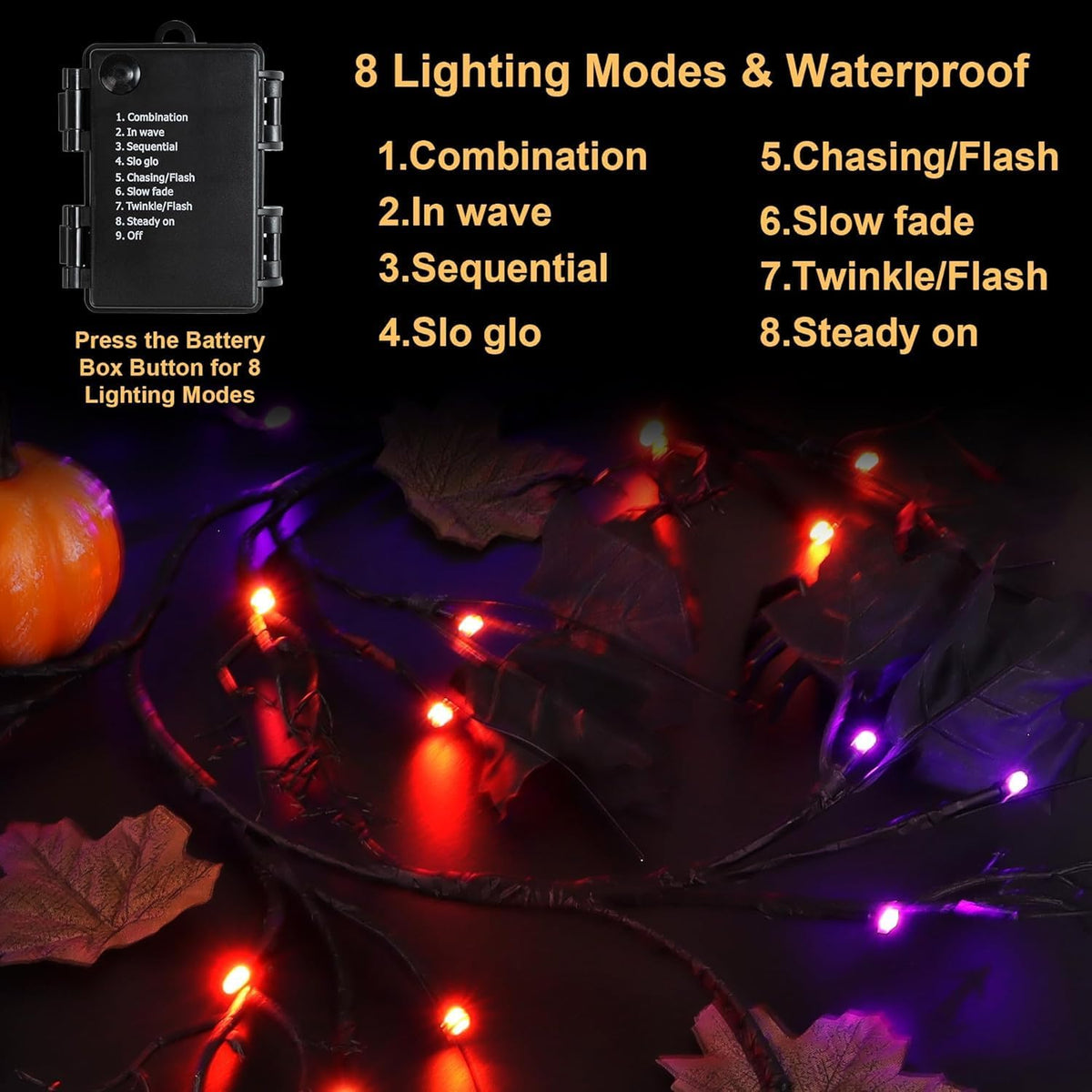9 FT 72 LED Willow Vine Twig Decor Black Halloween Garland with Orange & Purple Lights, 8 Modes & Timer Waterproof Battery Operated for Home Fireplace Mantle Wall Office Indoor Halloween Decorations