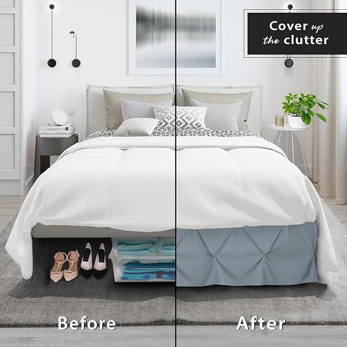 Nestl Stone Blue Bed Skirt Queen Size, Pinch Pleat Queen Bed Skirt, Hotel - Image 4