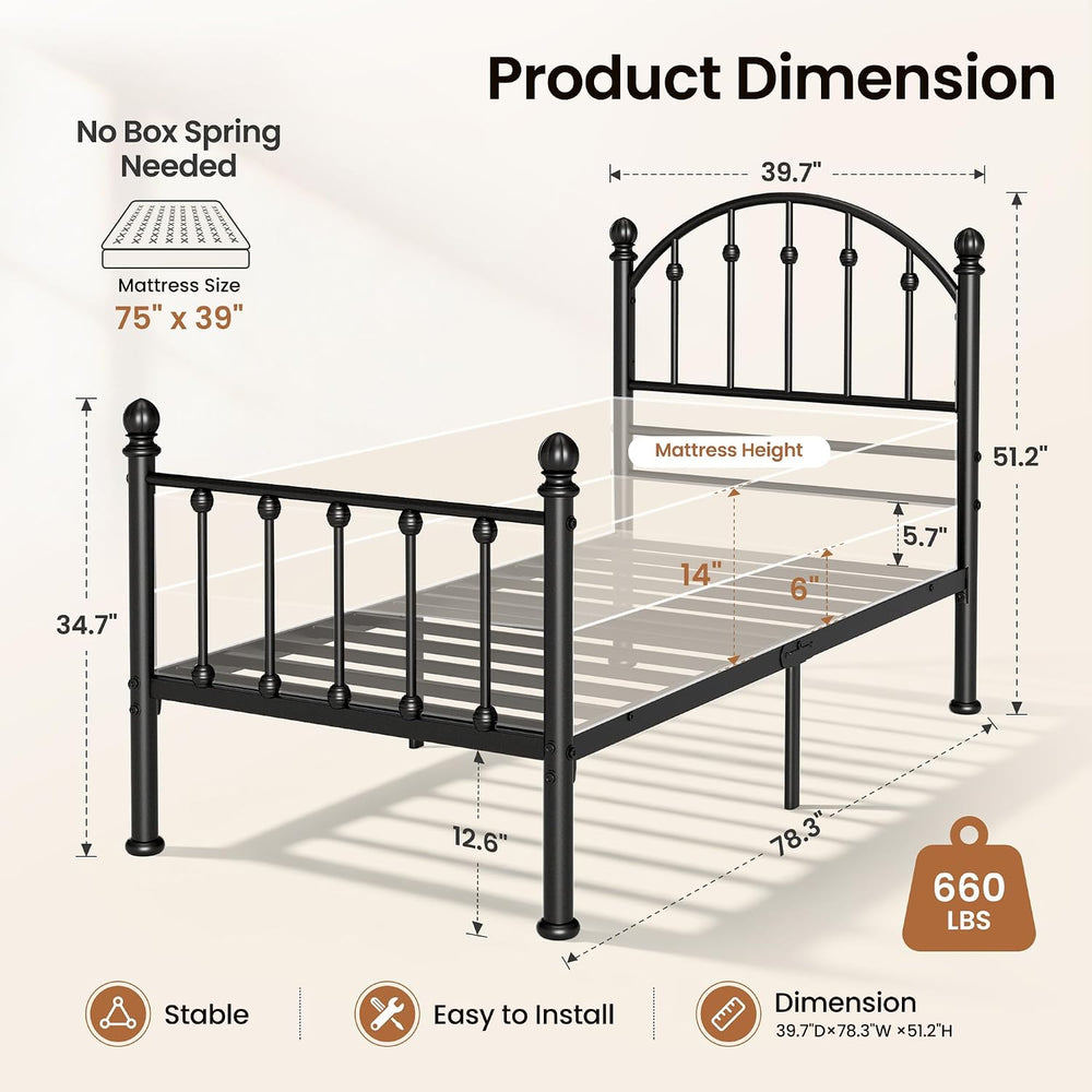 PHI VILLA Twin Size Bed Frame with Headboard and Footboard, Metal Bedframe