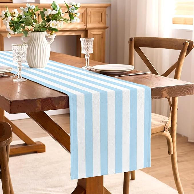 Light Blue and White Cabana Striped Table Runner Coastal Theme Wedding Party - Image 2