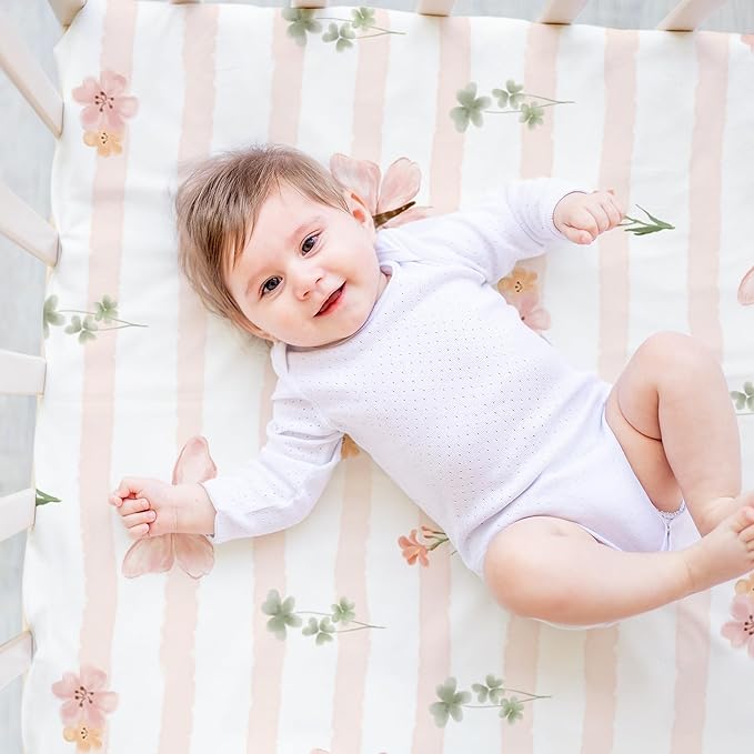 Nap Mat Sheet 47"x24", 3 Pack Pink Floral Baby Crib Sheets Fitted Elastic - Image 2