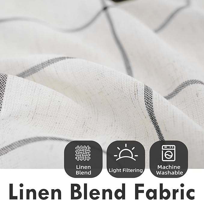 DriftAway Kitchen Curtains Striped Tier Linen Short Curtains Windowpane Plaid - Image 2