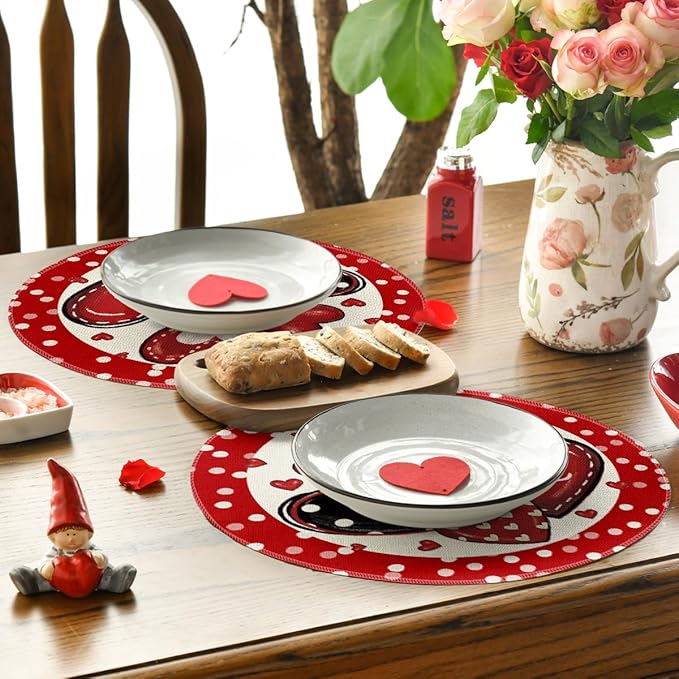 Artoid Mode Dot Hearts Love Red Valentine Round Placemats Set of 4, 14 Inch - Image 4