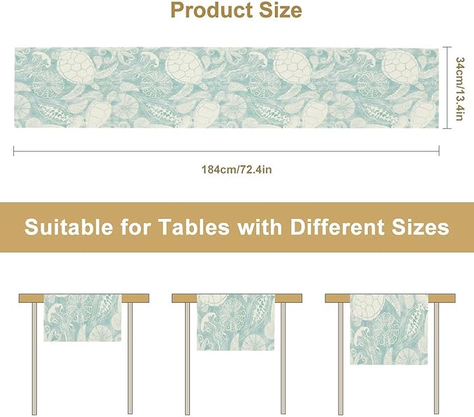 Marine Sea Turtle Table Runner, Ocean Beach Coral Starfish Seashell Table Runner - Image 6