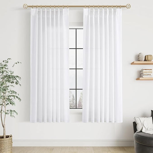 White Pinch Pleated Semi Sheer Curtains 63 Inch Length by Aersas