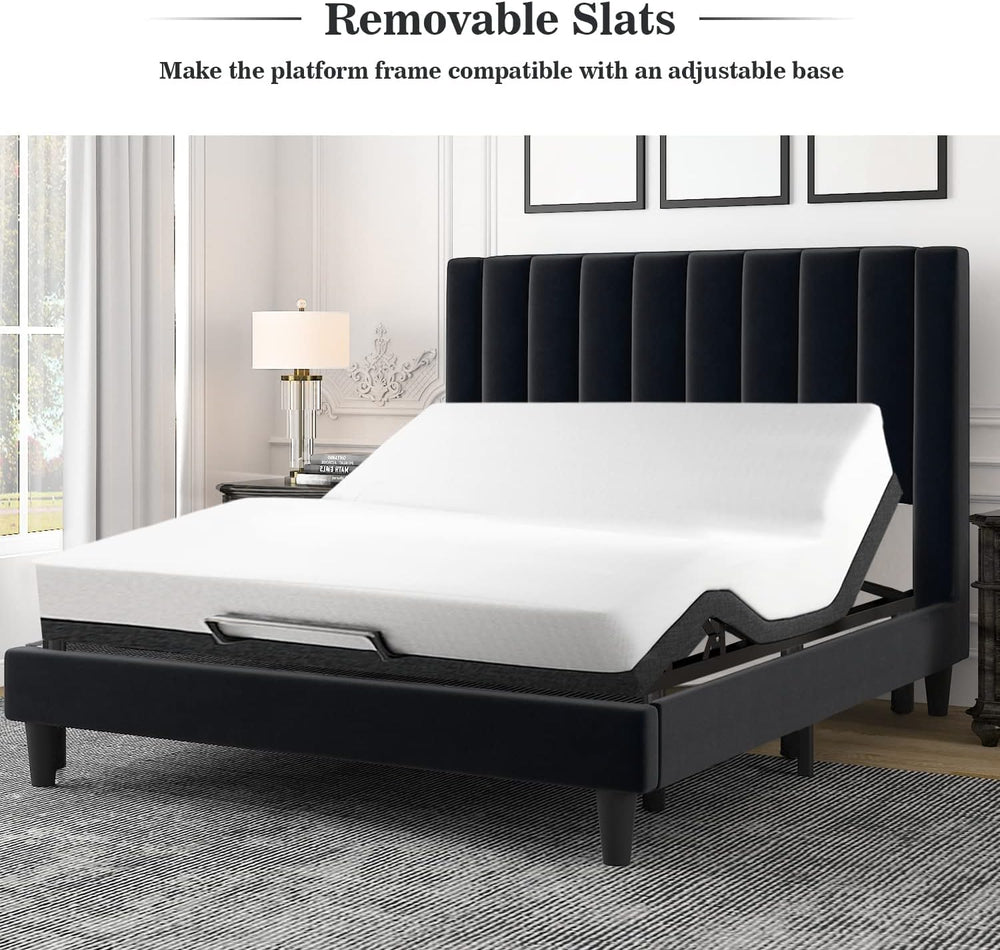Allewie Full Bed Frame/Velvet Upholstered Bed Frame with Vertical Channel Tuf...