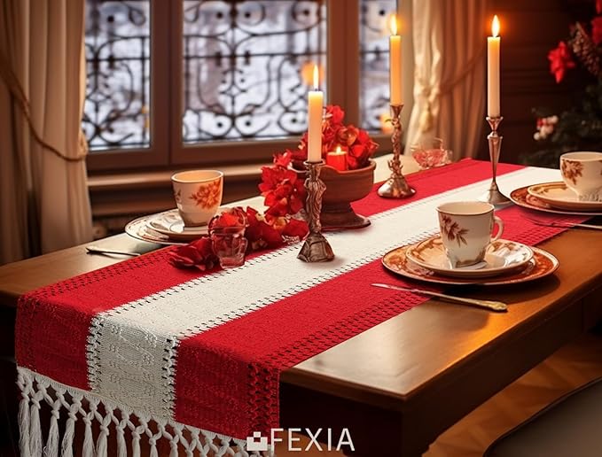 FEXIA Boho Red Table Runner for Holiday Decoration 72 Inches Long Red & Cream - Image 6