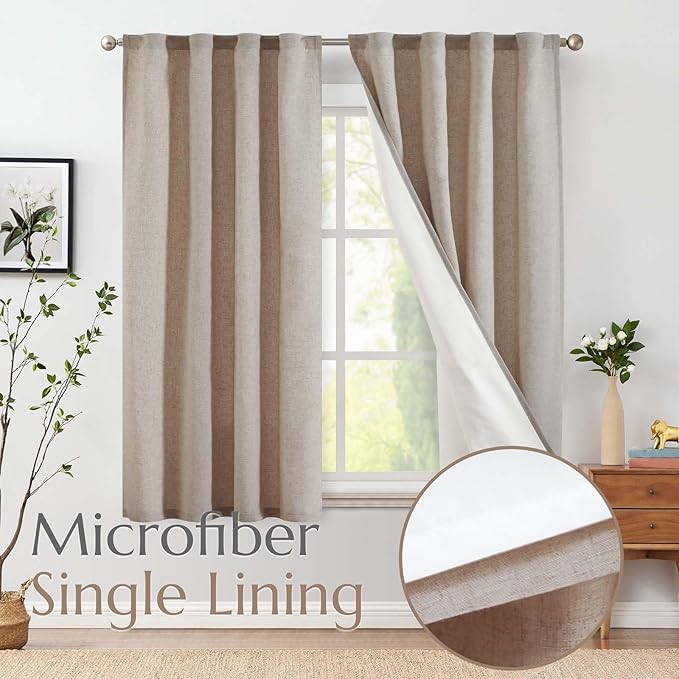 jinchan Linen Curtains with Privacy Lining 63 Inch Length Taupe Brown Farmhouse - Image 2