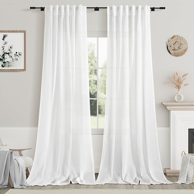 White Linen Curtains 108 Inches Long 2 Panels Set Back Tab Rod Pocket Semi by Nanspring
