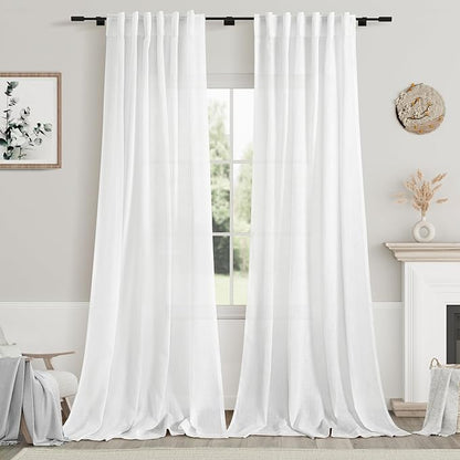White Linen Curtains 108 Inches Long 2 Panels Set Back Tab Rod Pocket Semi by Nanspring