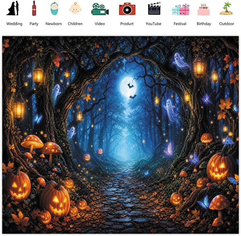 Leowefowa Halloween Enchanted Forest Backdrop 10x8ft Cute Ghost Glowing Lantern Evil Pumpkin Butterfly Photography Background for Halloween Party Magic Mushroome Photo Booth Props Vinyl