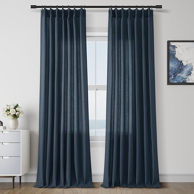 Denim Blue Pinch Pleated Linen Curtains 96 Inch Length 2 Panels by Aersas
