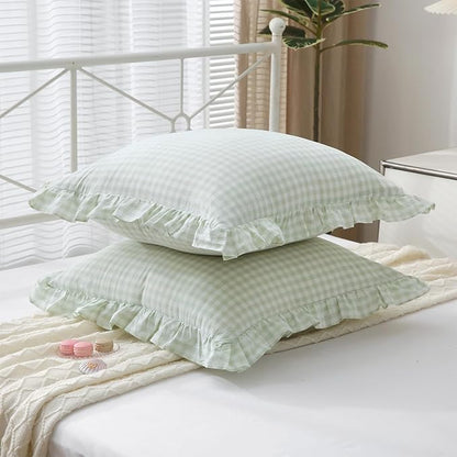 2 Pack Pile Green White Plaid Ruffle Gingham Euro Shams Pillow Covers, 100% - Image 3