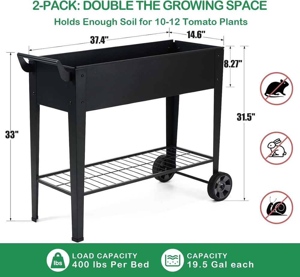 2-Pack 32" Tall Elevated Raised Garden Bed with Wheels and Shelf