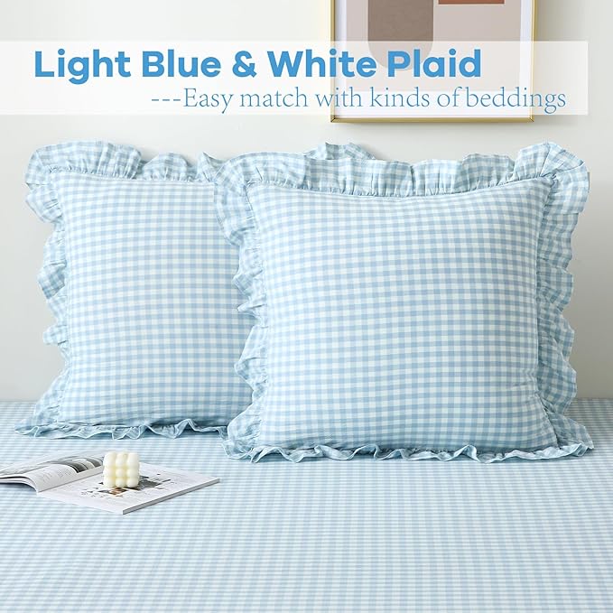2 Pack Light Blue White Plaid Ruffle Gingham Euro Pillow Covers, 100% Washed - Image 2