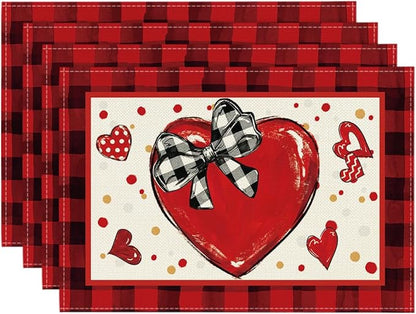 Artoid Mode Bow Tie Heart Valentine Placemats Set of 4, 12x18 Inch Seasonal Red by ArtoidMode