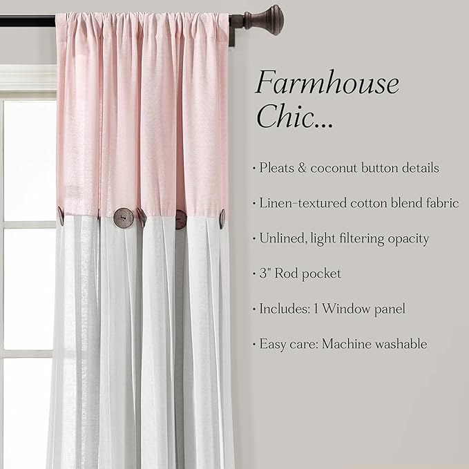 Lush Decor Linen Button Window Curtain Panel, Blush & Off White - Image 6
