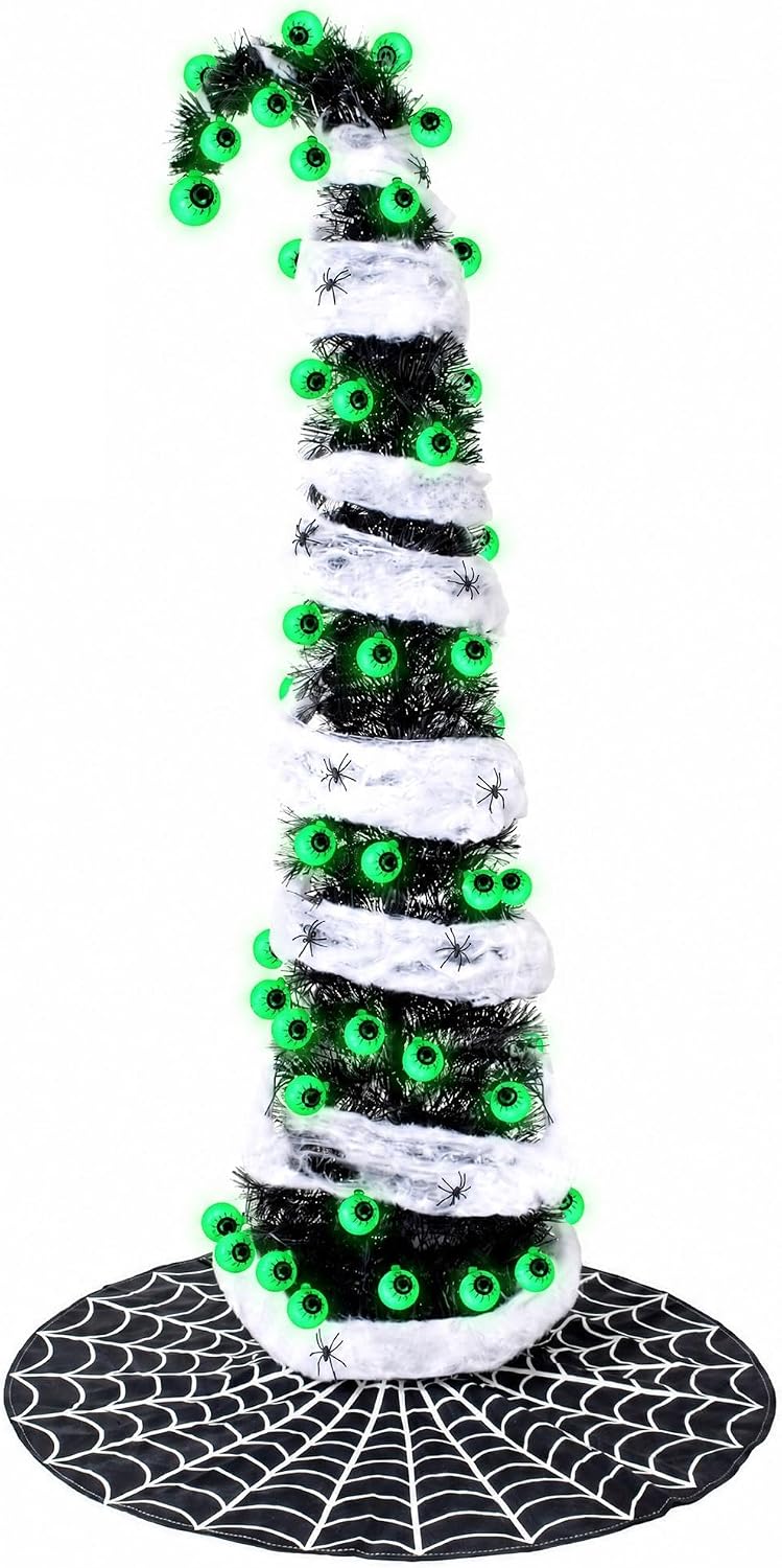 5FT Black Halloween Christmas Tree with 50 Eyeball Lights, Whimsical Pop Up Tree with Tree Skirt Battery Powered Built-in Timer Spider Decorations Stretchable Cobwebs, Indoor Outdoor Spooky Decor