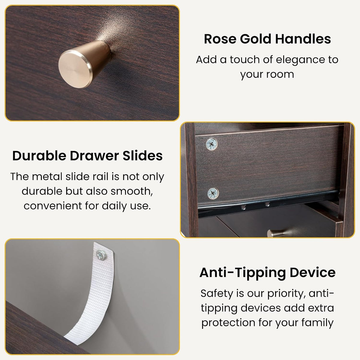 karl home brown 5 drawer dresser, rose gold, package contents
