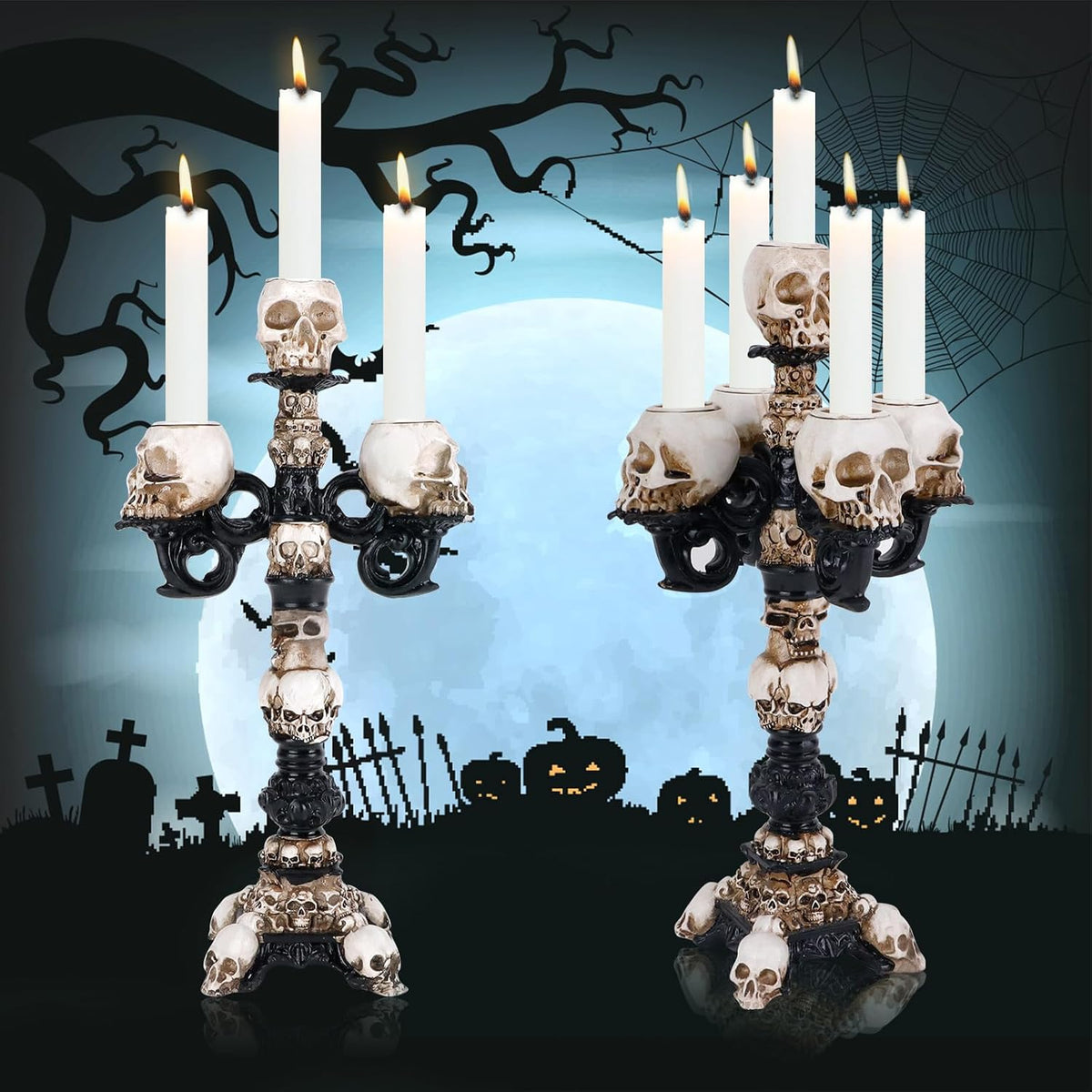 Skull Candle Holder for Halloween Decoration, Resin Gothic Skeleton Head Candlestick for Pillar Candle, Retro Spooky Desktop Tealight Cup for Christmas Home Office Party