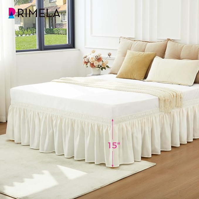 RIMELA Bed Skirts Full Size Cream Dust Ruffle 15 Inch Drop, Wrap Around Elastic - Image 3