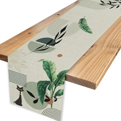 Boho Sage Green Table Runner, Mid Century Modern Black Cat Tropical Plants Palm - Image 4