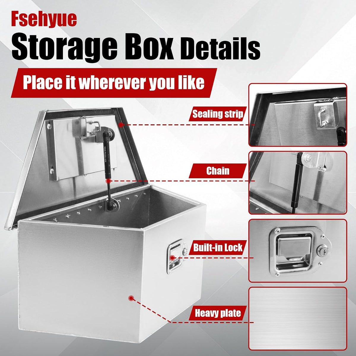 26x13.3x12 inch aluminum trailer tongue tool box heavy, close-up detail