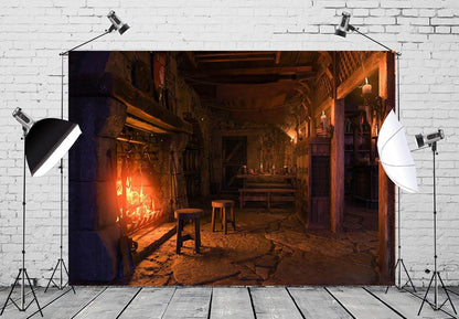 12x8ft Fabric Medieval Tavern Backdrop for Photography Burning Fireplace and Stool Background Ancient Warm Room Decorations Halloween Medieval Themed Party Photoshoot Booth Studio Props
